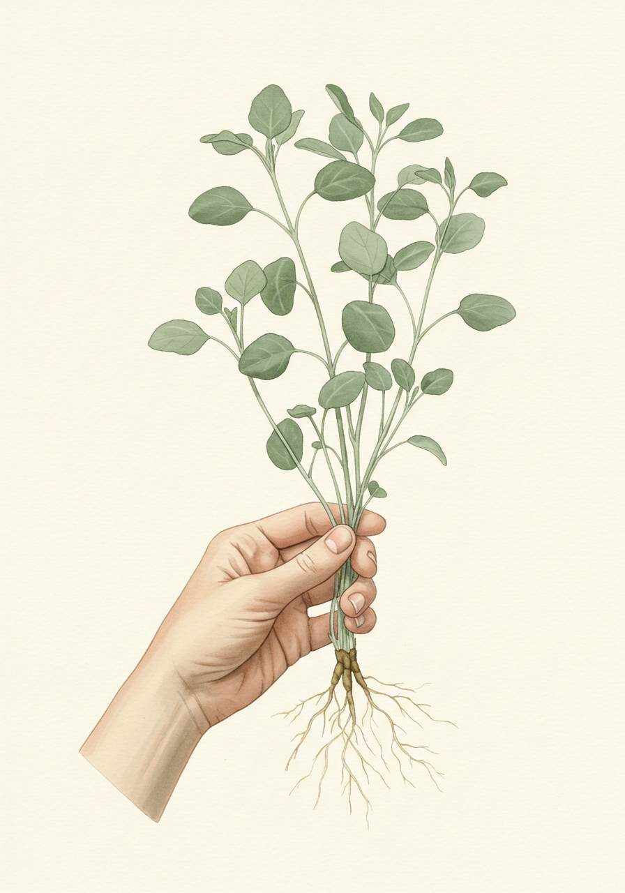 Botanical Illustration Of Hand Holding Young Plant With Roots