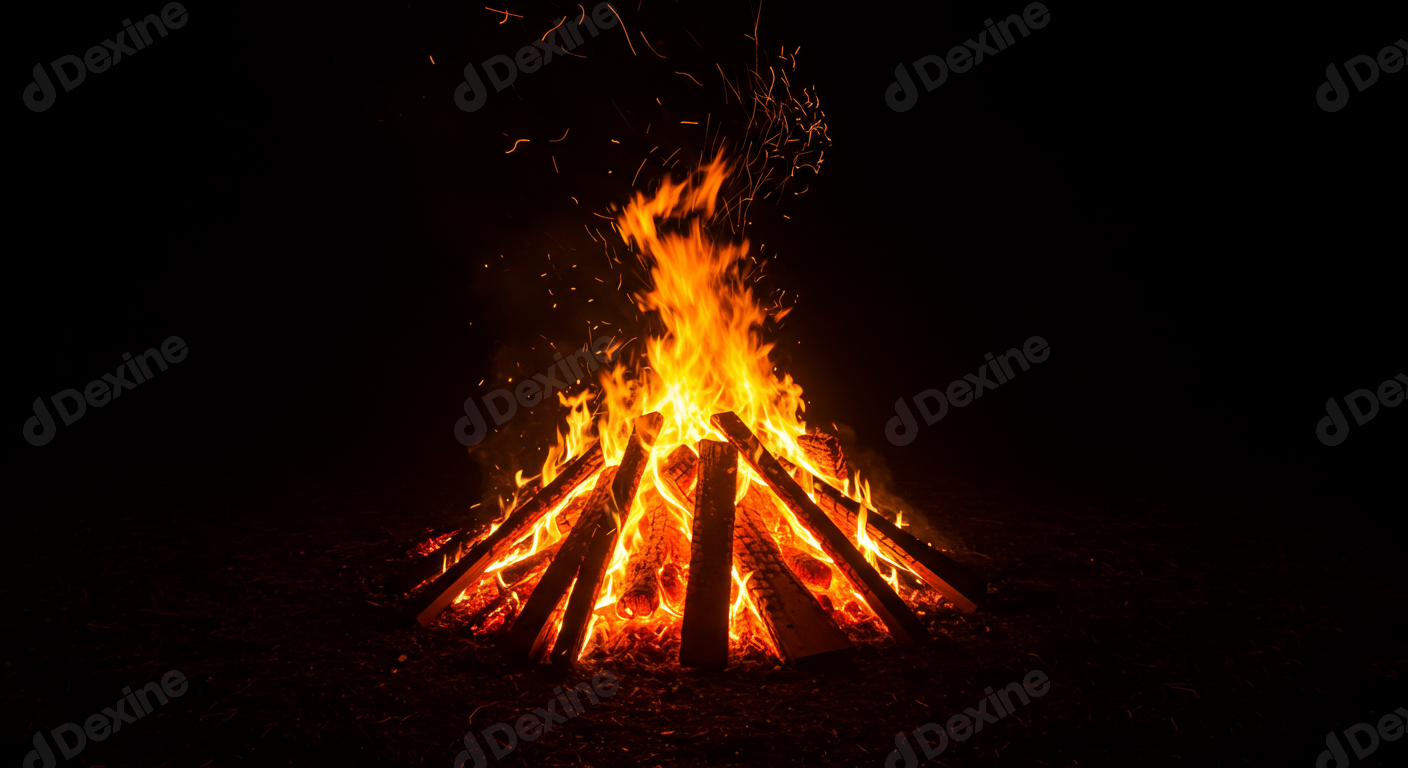 Bright Bonfire With Flying Sparks Burning At Night