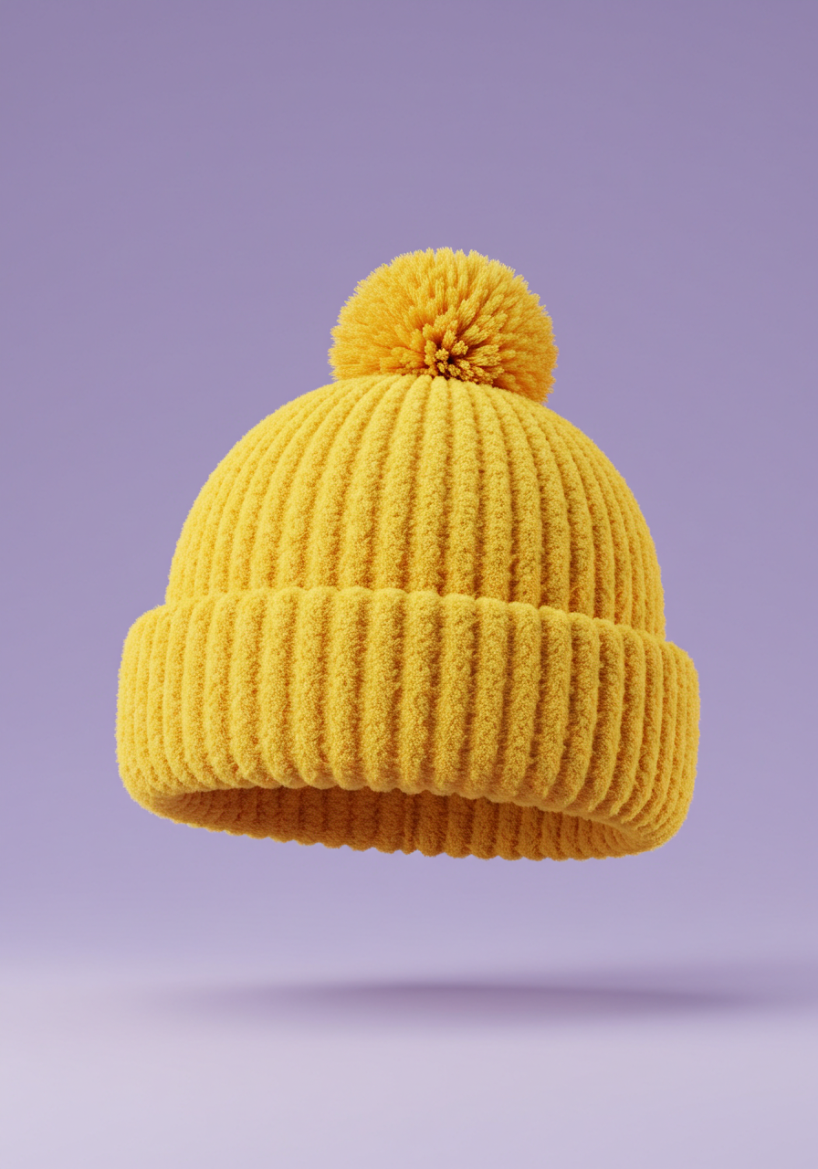 Bright Yellow Knitted Beanie With Pompom On Purple Background