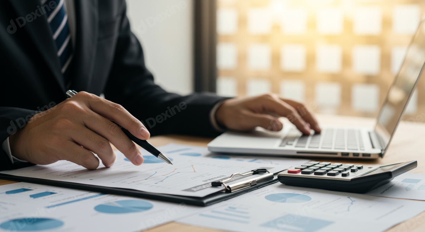 Businessman Analyzing Financial Data And Reports With Laptop In Office