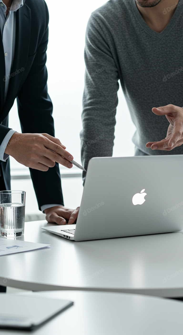 Businessmen Collaborating On A Laptop Project In A Modern Office