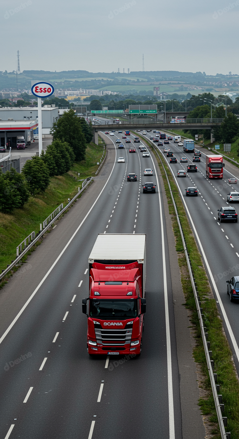 Busy Highway Traffic With Red Semi Truck And Distant Esso Station