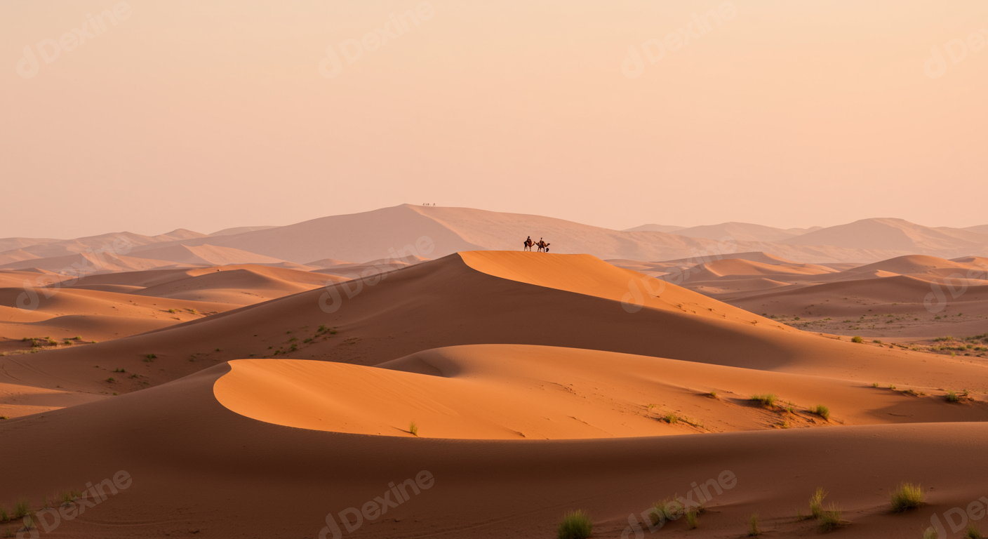 Camel Caravan On Golden Sand Dunes At Sunset In Sahara Desert