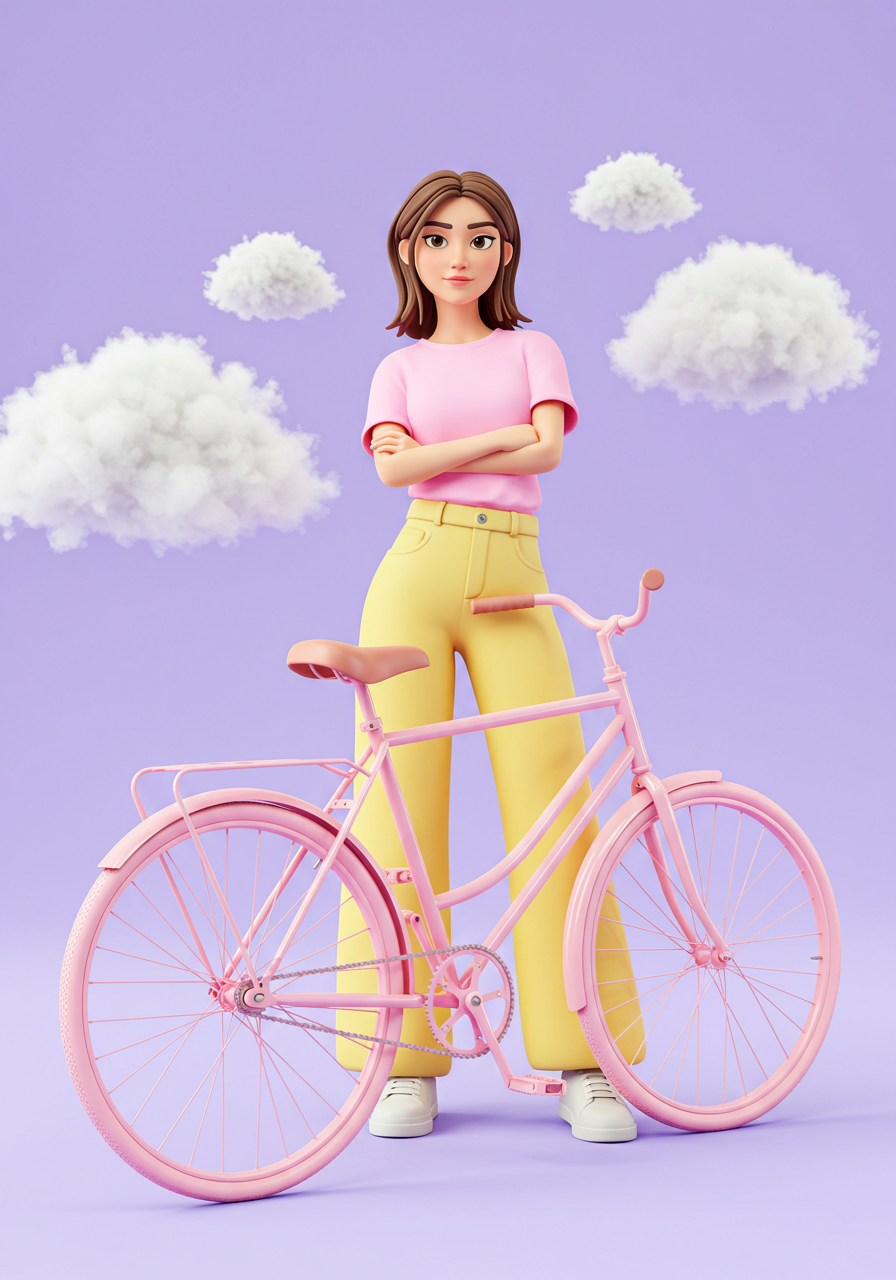 Charming 3D Cartoon Woman Standing With A Pink Bicycle