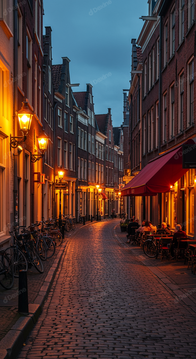 Charming European Cobblestone Street With Lively Evening Cafe