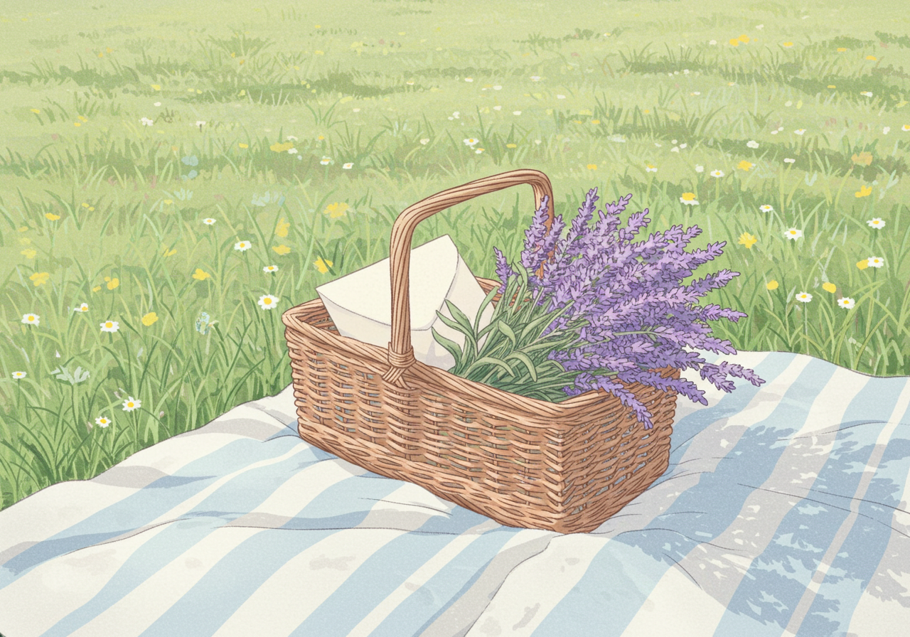 Charming Lavender Bouquet And Picnic Basket In A Summer Meadow Illustration