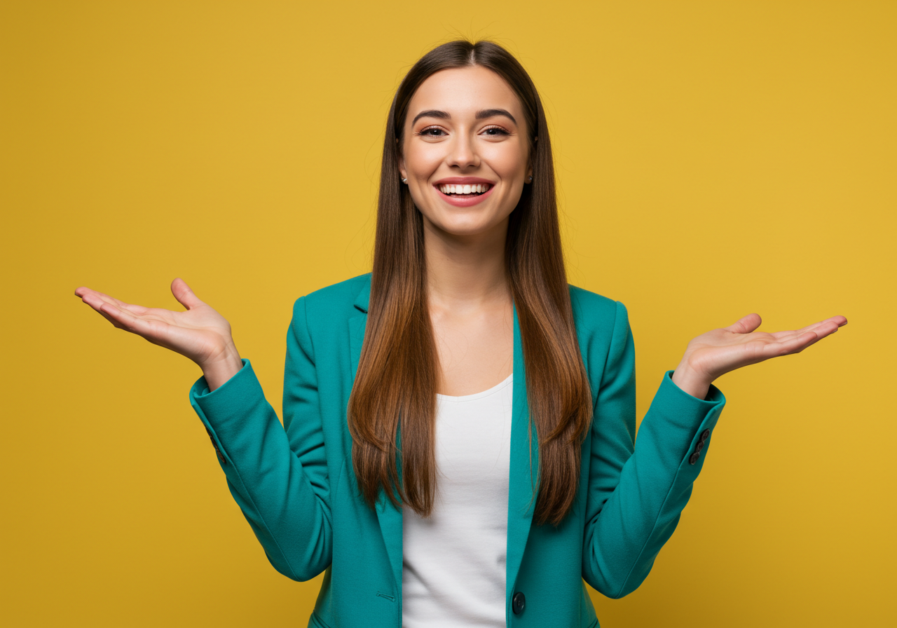 Cheerful Woman Presenting With Open Hands Smiling Brightly
