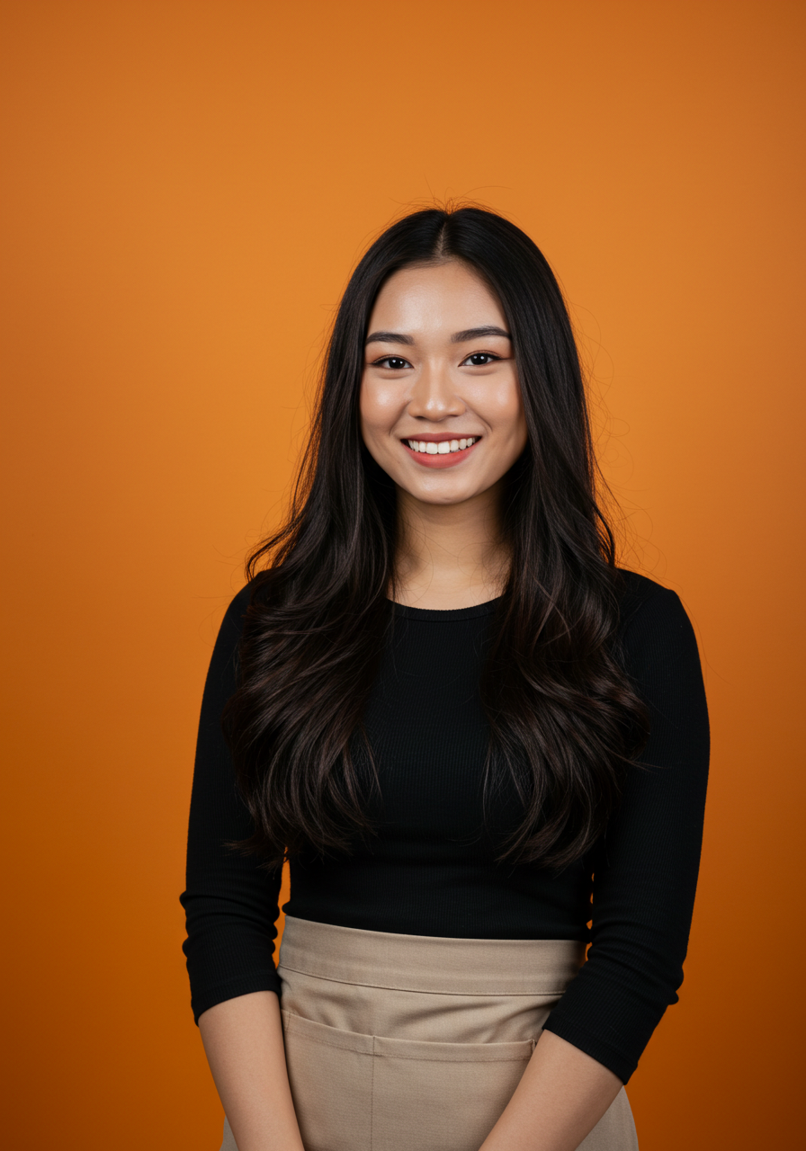 Cheerful Young Asian Woman Smiling Confidently On Orange Background
