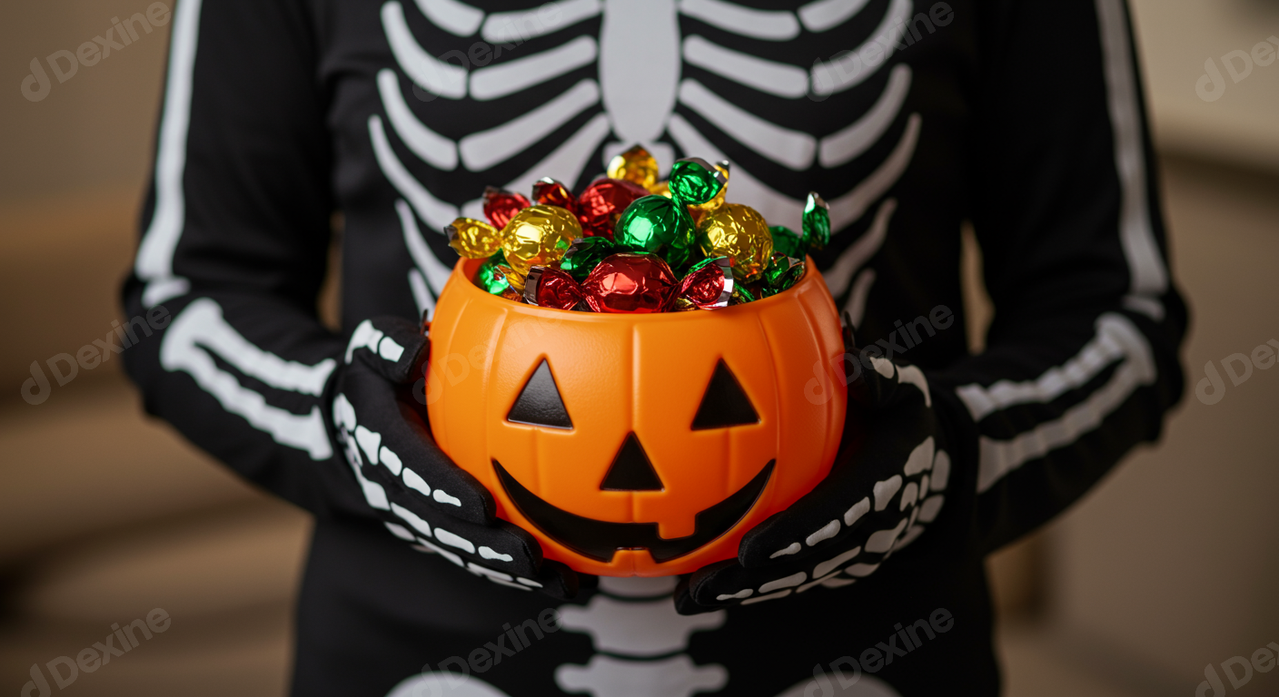 Child In Skeleton Costume Holding Halloween Pumpkin Bucket With Candy