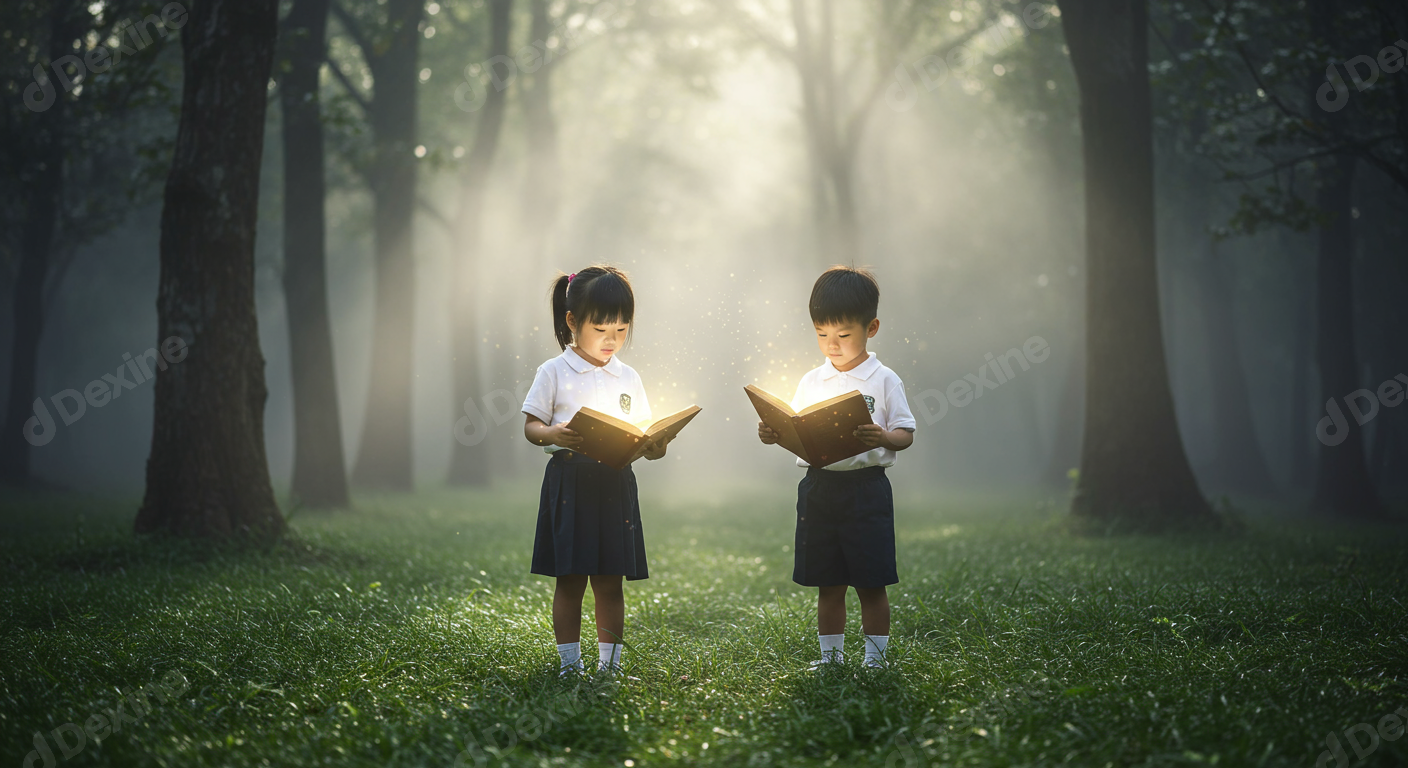Children Discovering Magic Of Books In Enchanted Forest