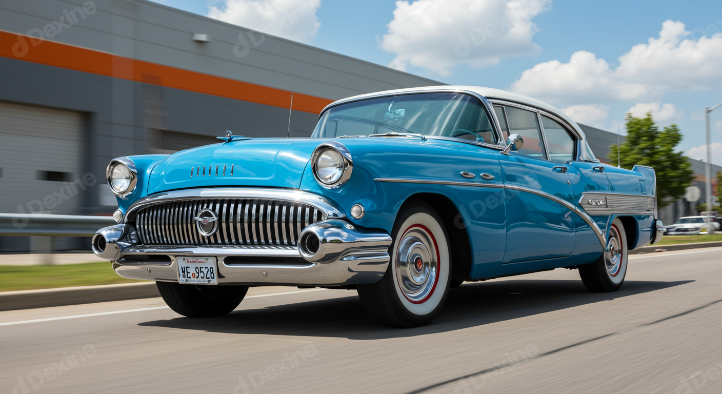Classic American Blue Buick Car Driving With Motion Blur