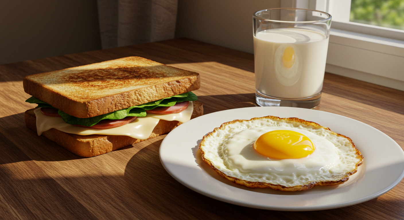 Classic Breakfast With Fried Egg Toasted Sandwich And Fresh Milk
