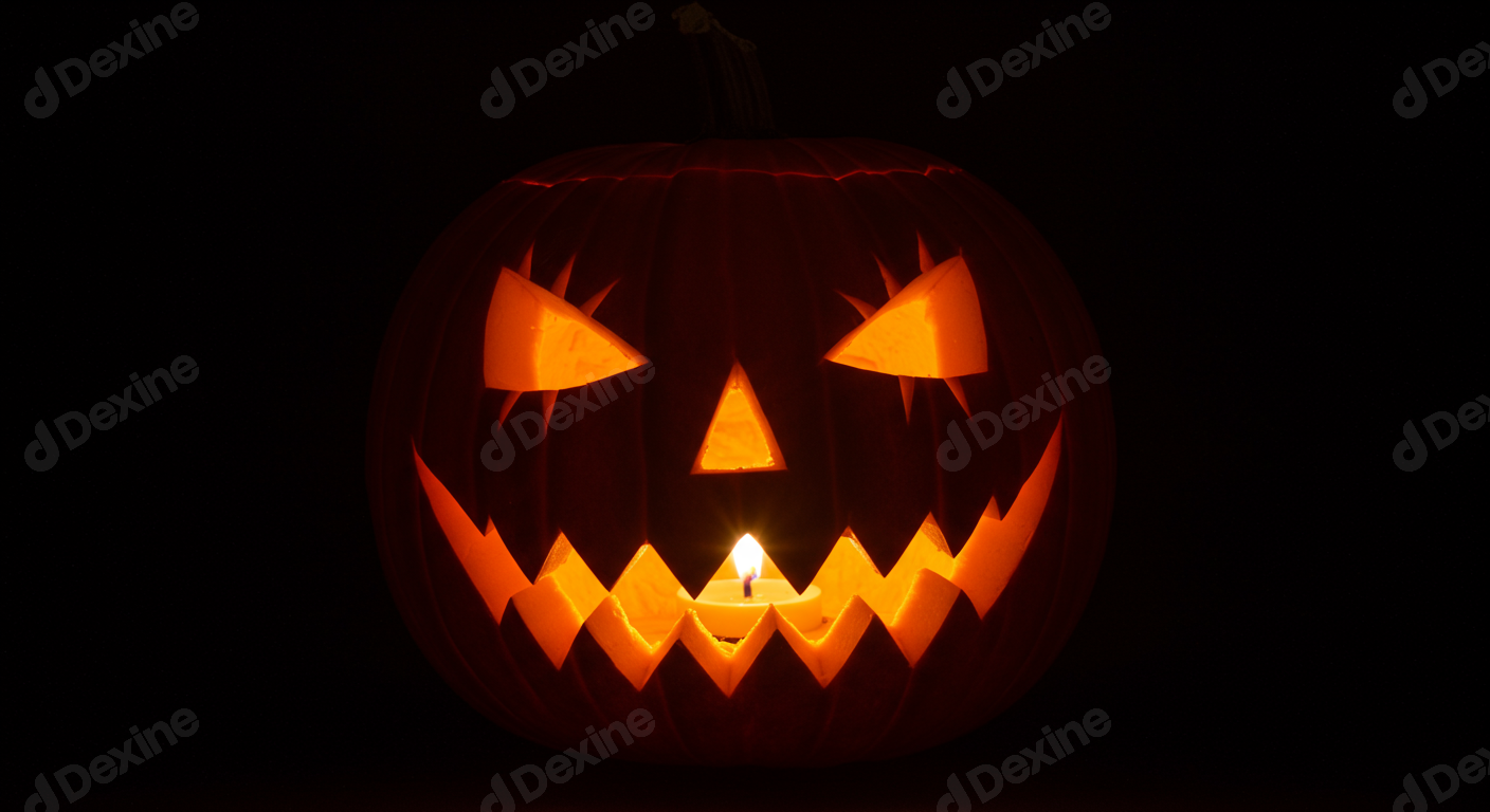 Classic Halloween Jack O Lantern With Glowing Candle In Darkness