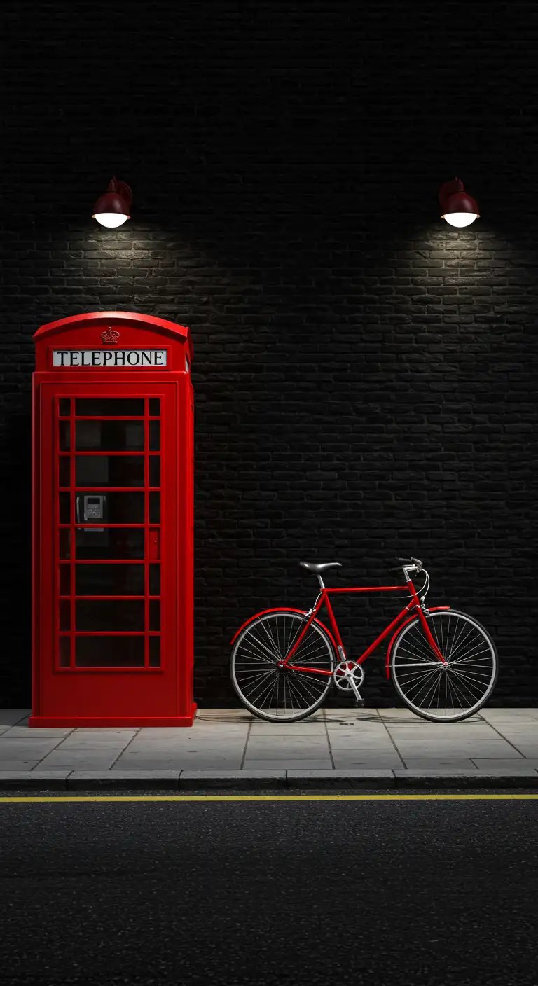 Classic Red London Phone Booth And Bicycle On Dark Urban Street