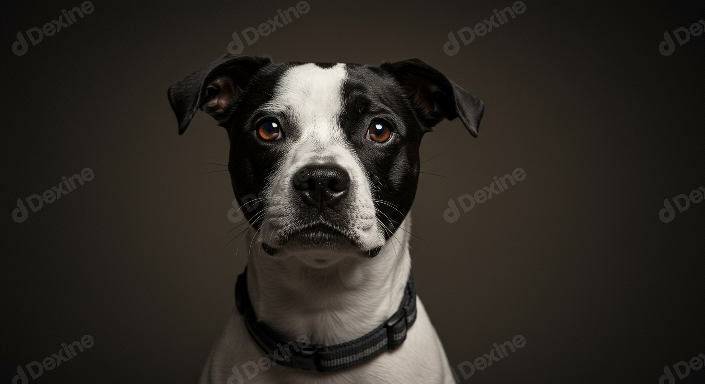 Close Up Studio Portrait Of An Attentive Black And White Dog