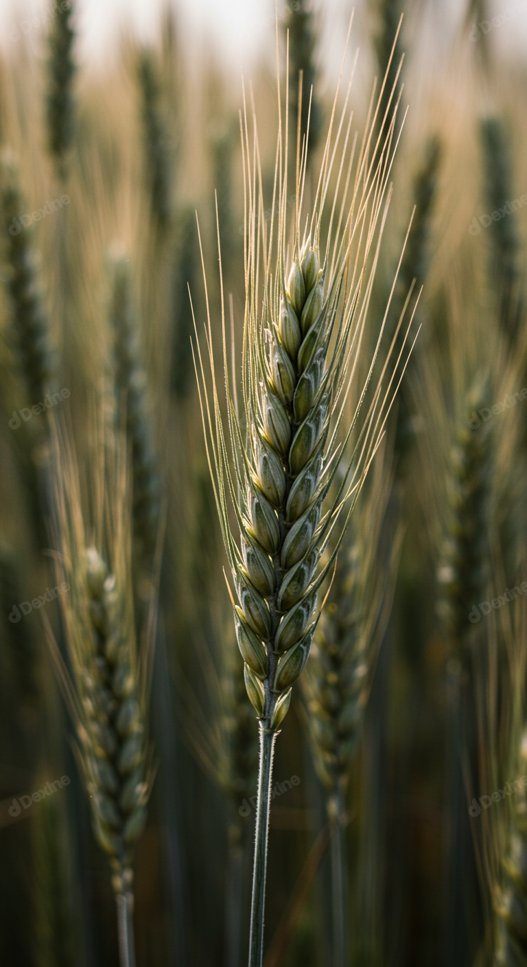 Close Up Of Green Wheat Ear With Golden Sunlight Backlighting In Field