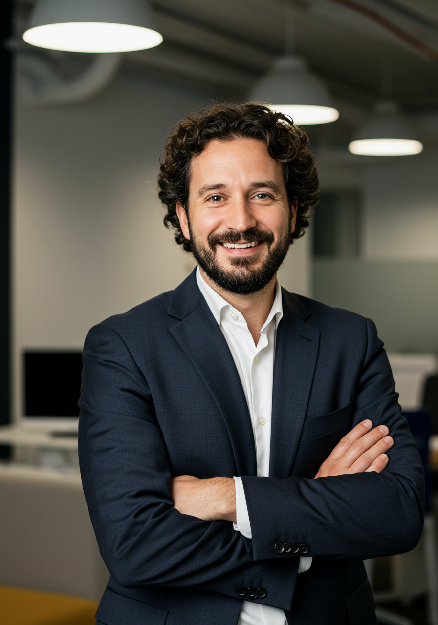 Confident Smiling Professional Man In Business Suit Posing In Modern Office