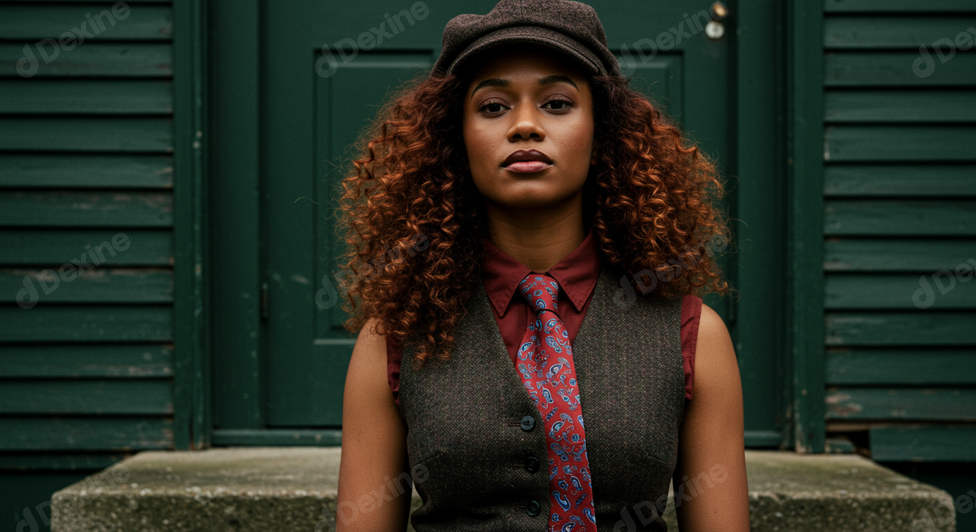 Confident Woman With Curly Hair In Classic Fashion Portrait