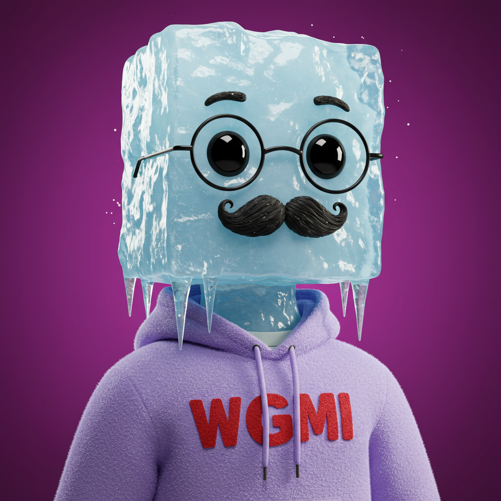Cool 3D Ice Cube Character In Purple Hoodie With Glasses