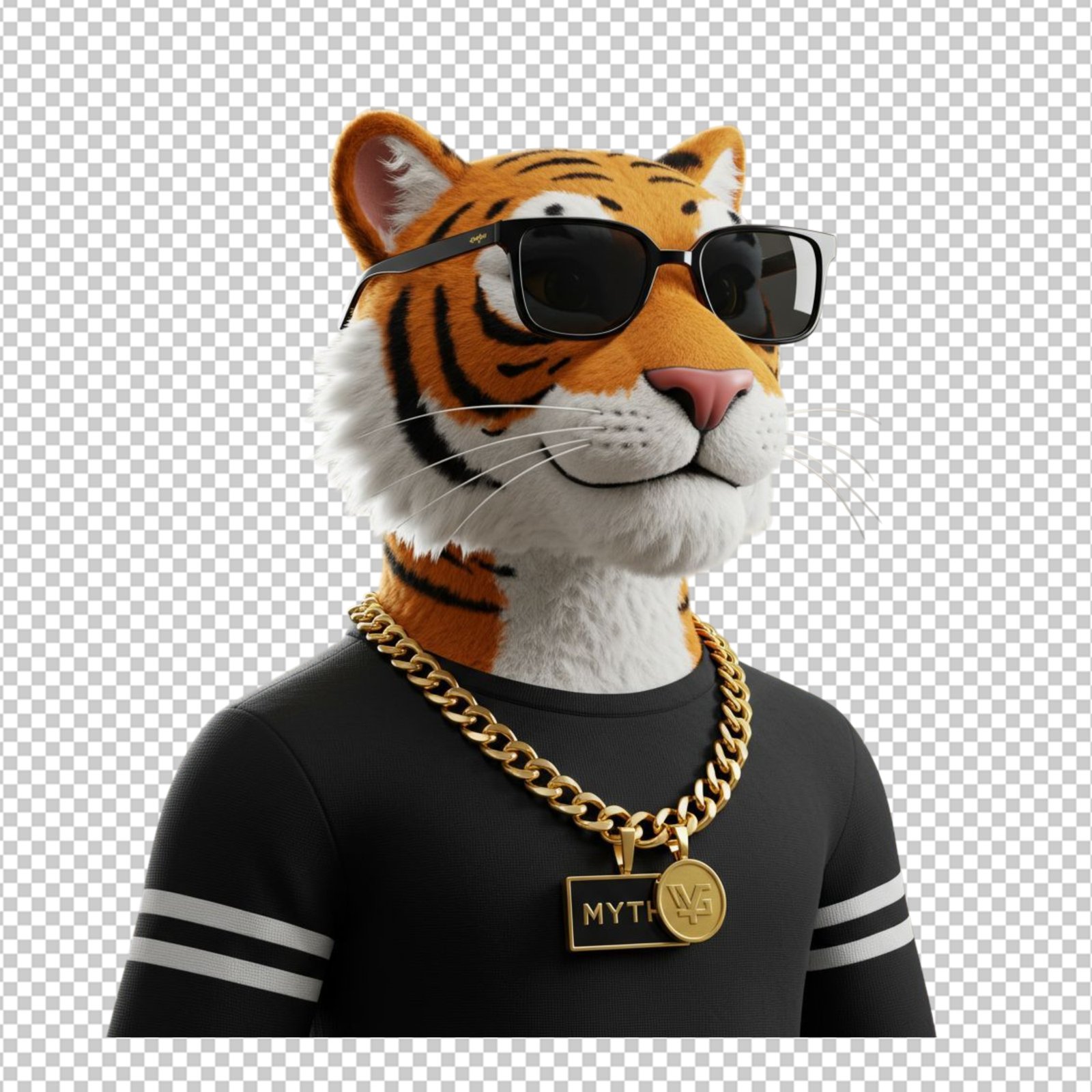 Cool 3D Tiger Character With Sunglasses And Gold Chain PNG Isolated