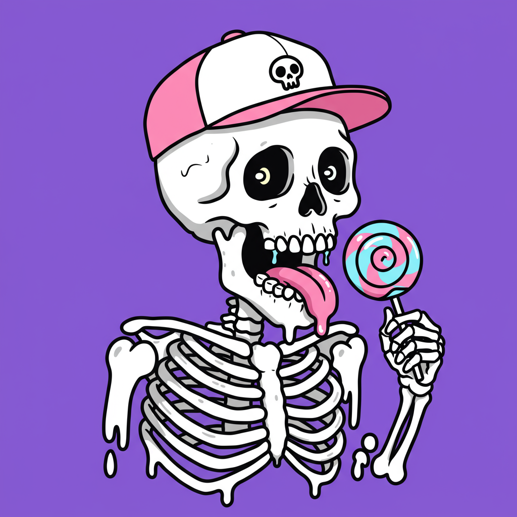 Cool Cartoon Skeleton Character With Lollipop And Pink Cap