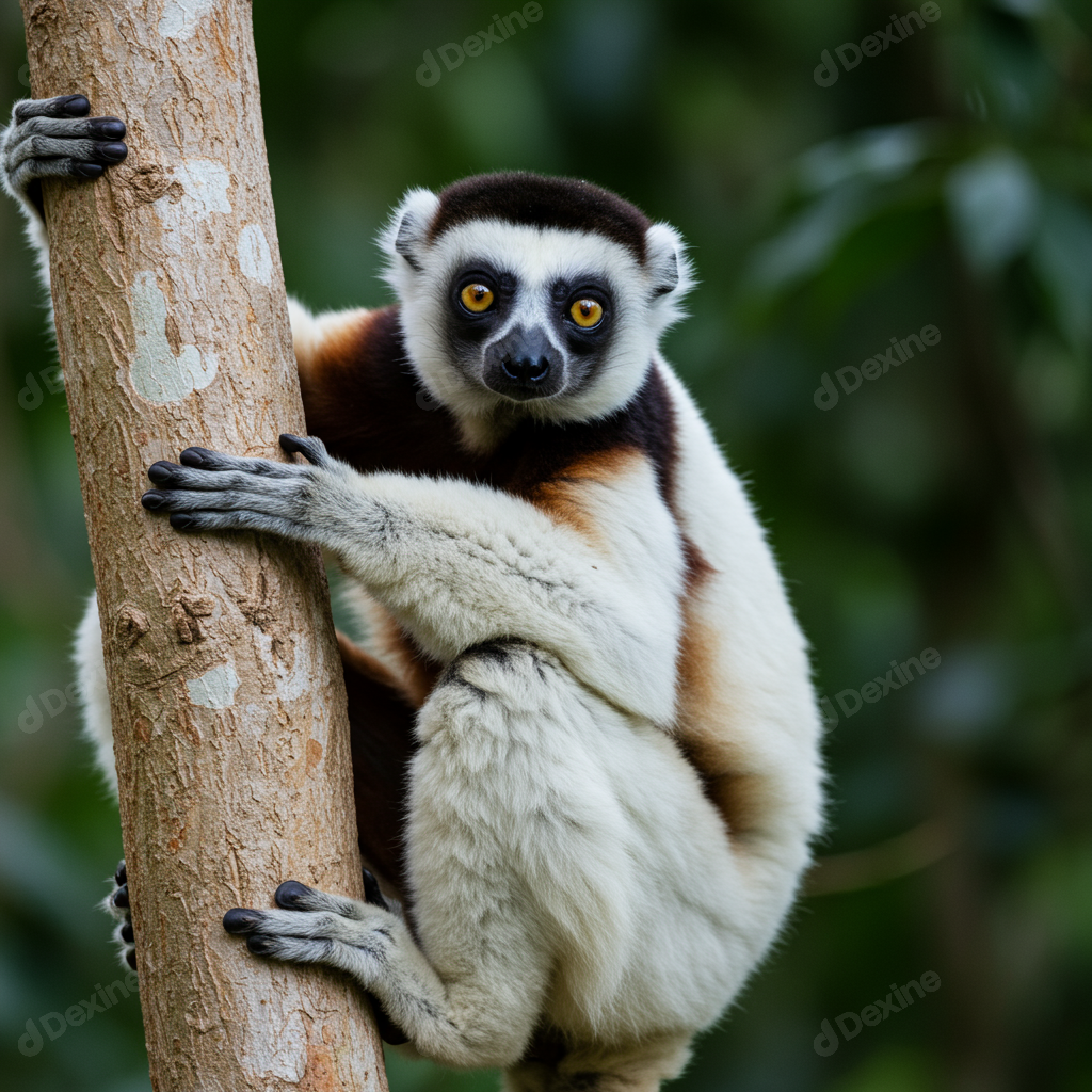 Coquerels Sifaka Lemur Clinging To Tree Trunk Madagascar Wildlife