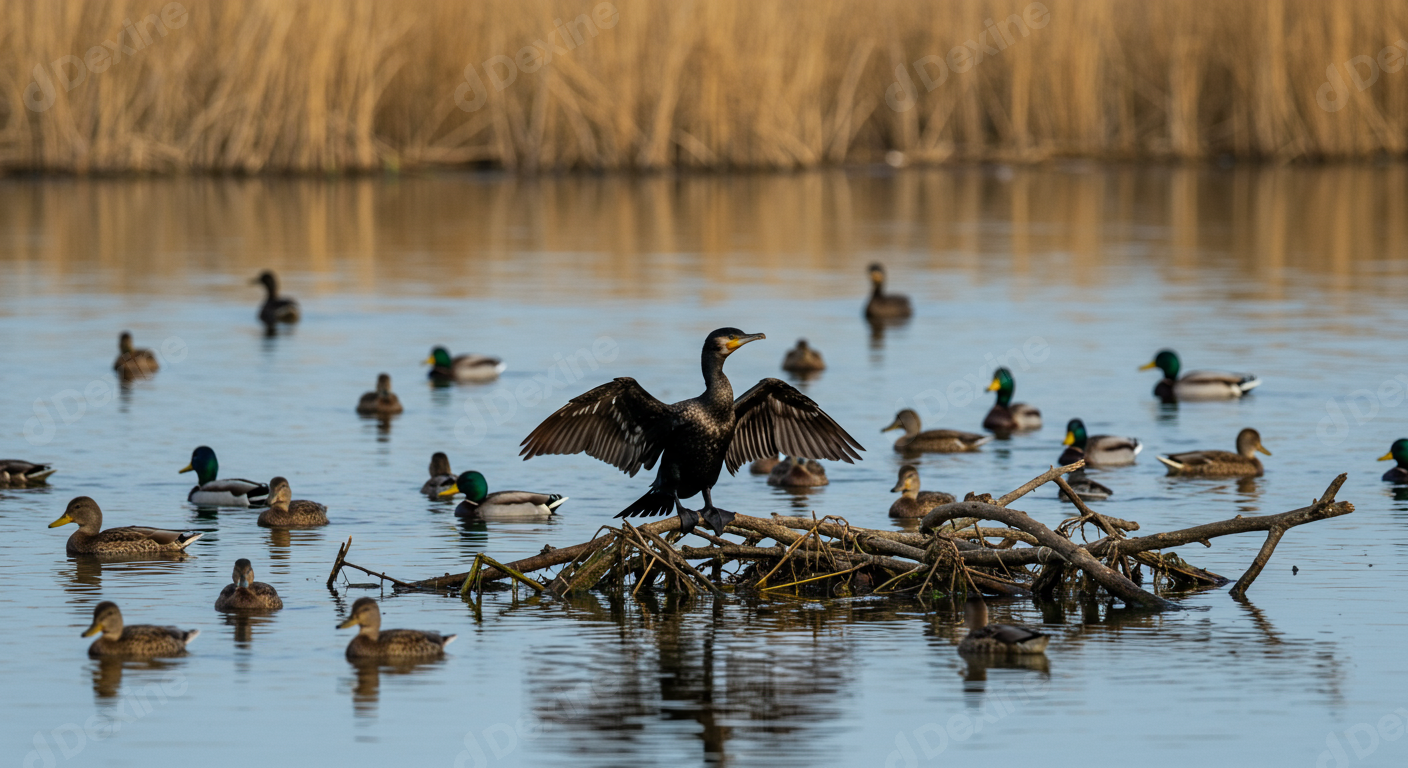 Cormorant With Outstretched Wings Among Ducks In Tranquil Wetland Pond