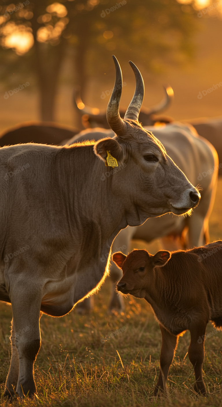 Cow And Calf Bathed In Golden Sunset Light On A Farm