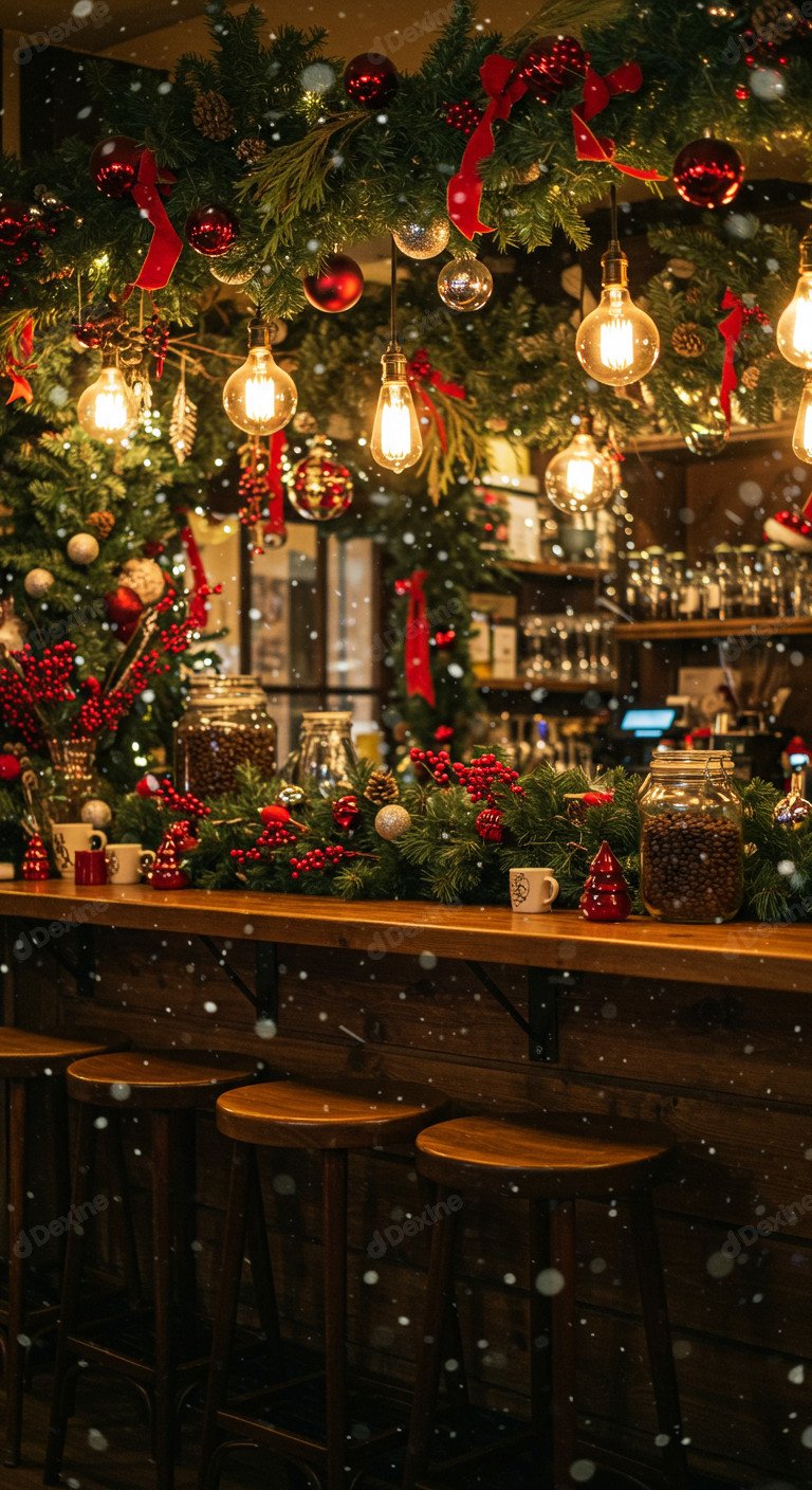 Cozy Christmas Bar Interior With Festive Season Vibe And Falling Snow