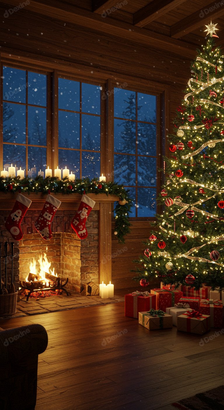 Cozy Christmas Cabin With Fireplace Tree And Festive Season Vibe