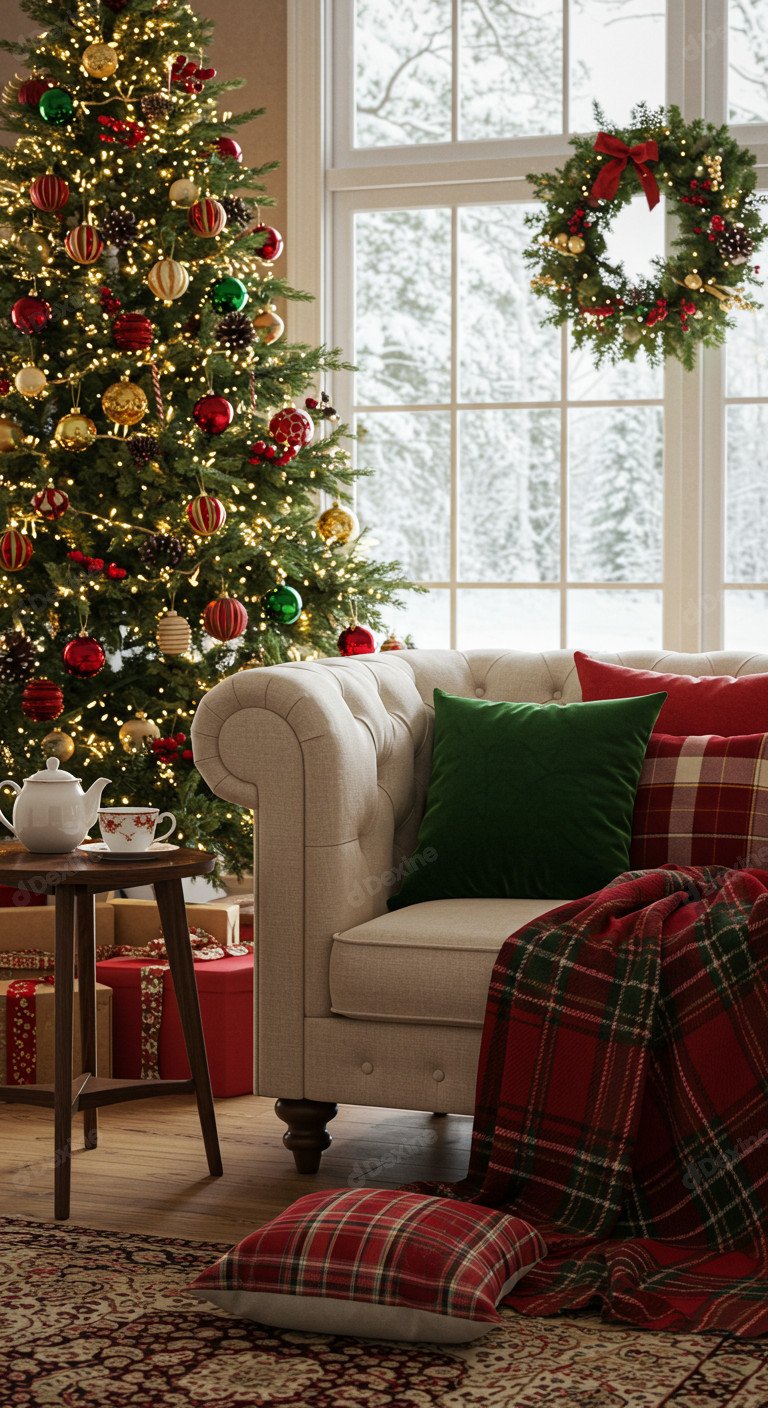 Cozy Christmas Living Room With Festive Season Vibe And Snowy Window View