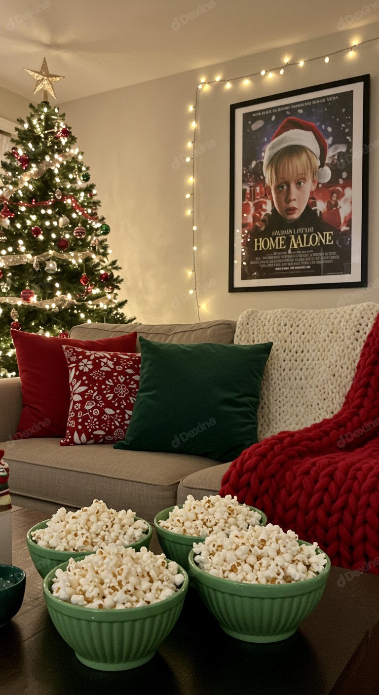 Cozy Christmas Movie Night With Popcorn And Festive Season Vibe