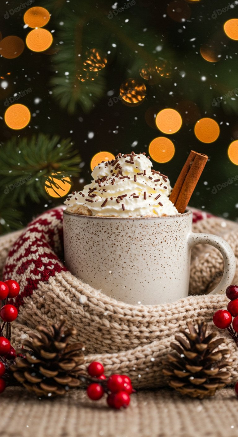 Cozy Hot Chocolate With Festive Season Vibe Amidst Christmas Decor And Snow