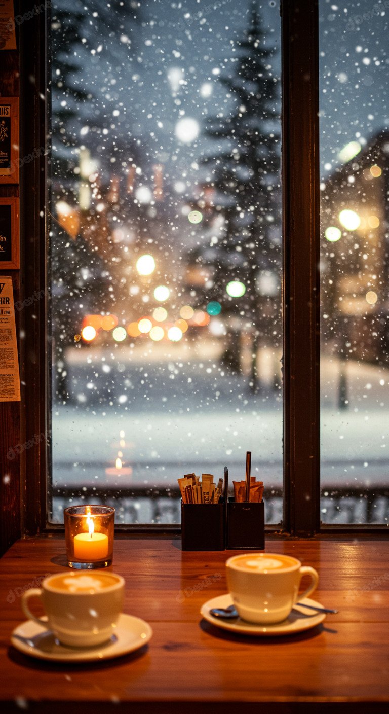 Cozy Winter Cafe With Snowfall Outside Capturing A Festive Season Vibe