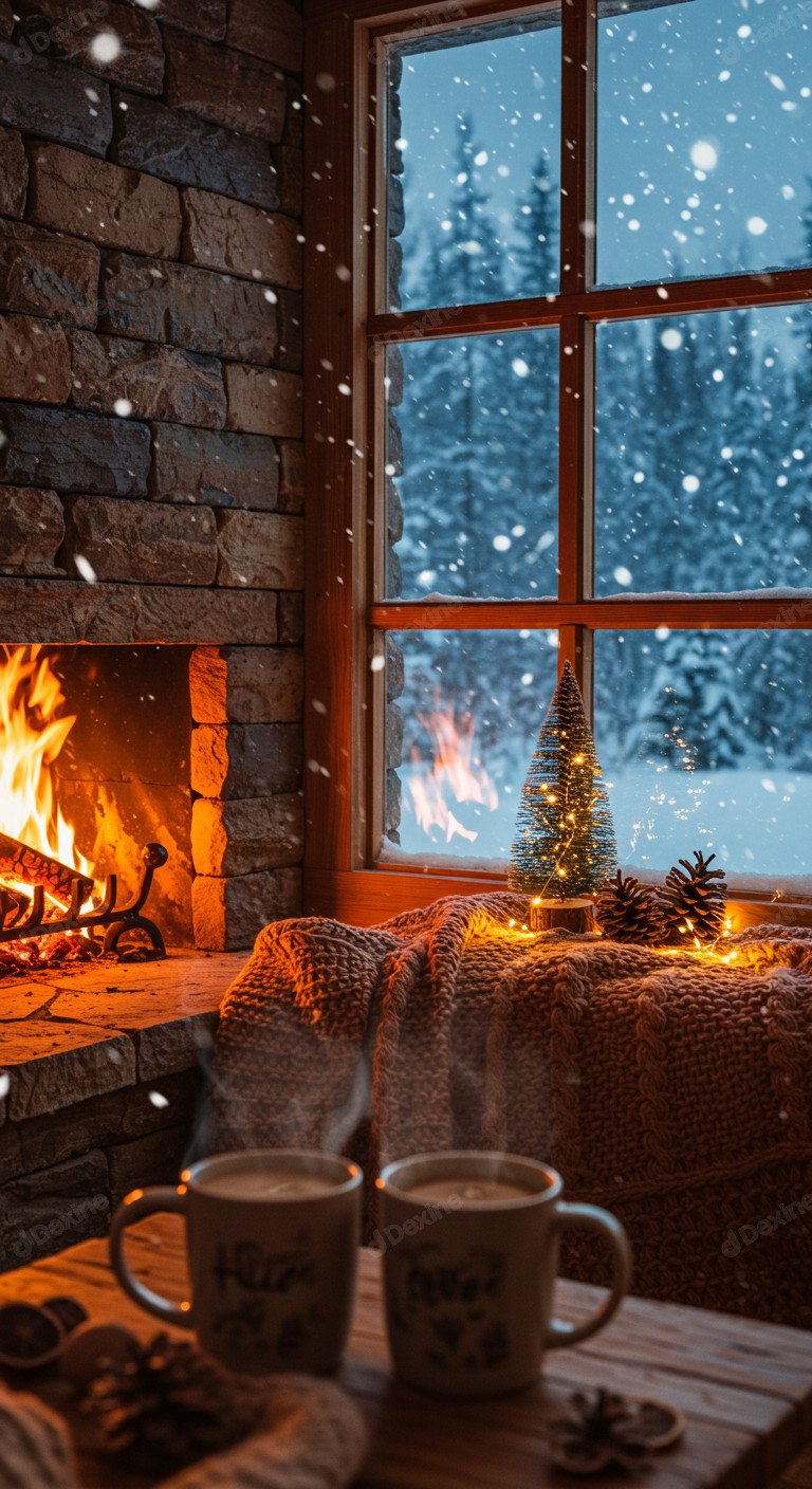 Cozy Winter Evening With Fireplace And Festive Season Vibe