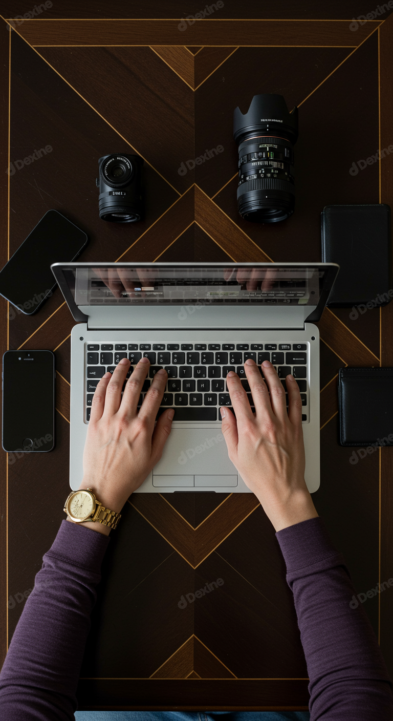 Creative Professional Working On Laptop With Photography Equipment Overhead