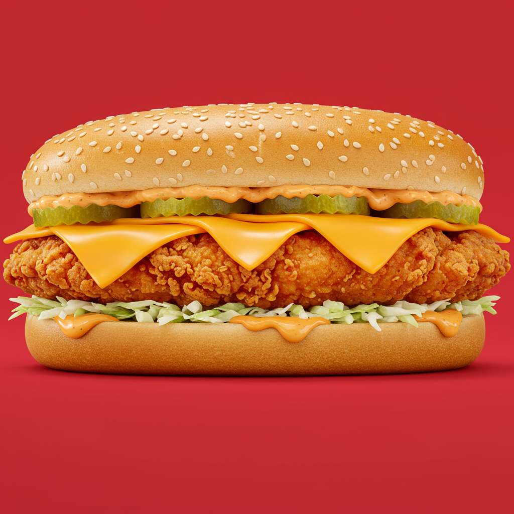 Crispy Fried Chicken Sandwich With Cheese Pickles And Sauce On Red