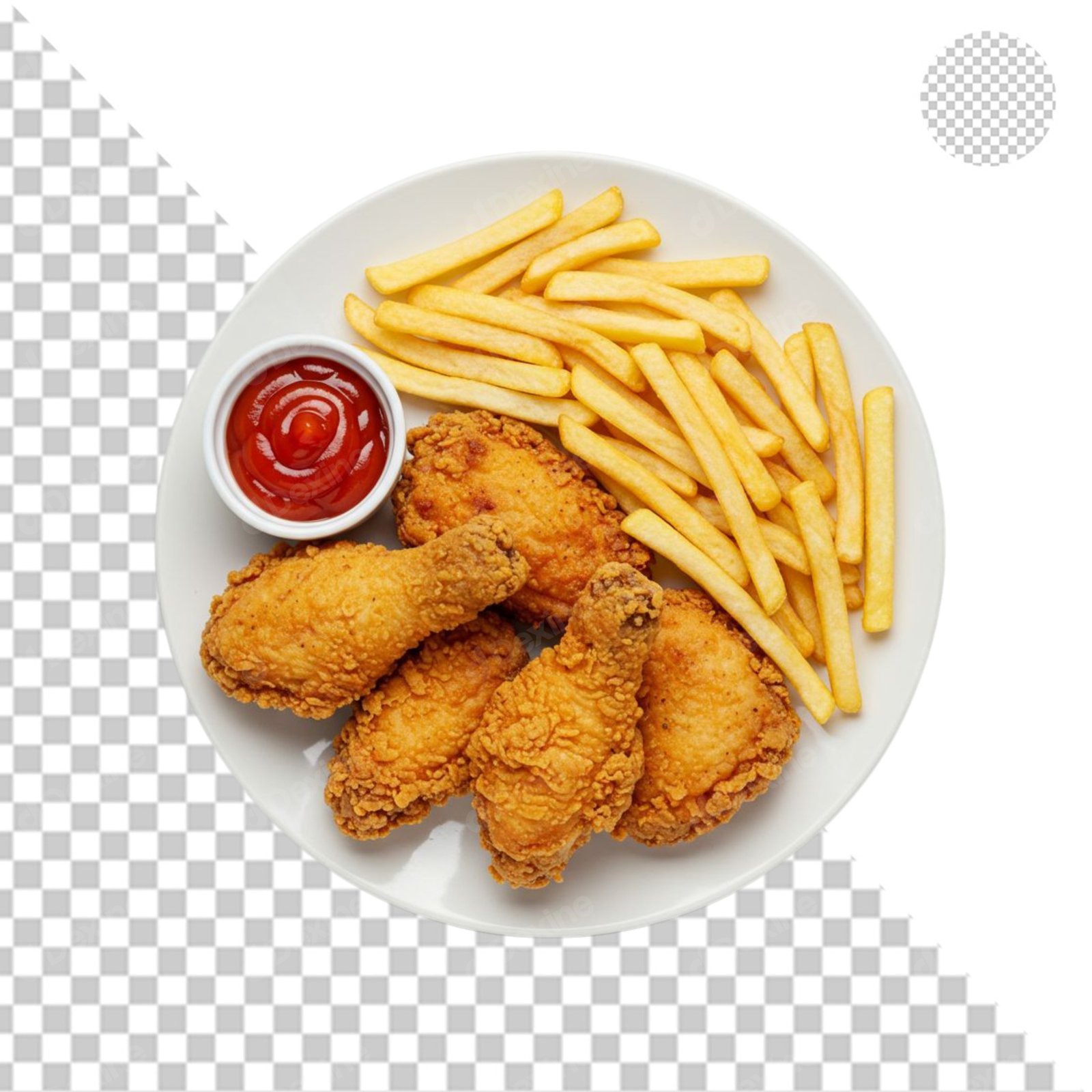 Crispy Fried Chicken And French Fries With Ketchup On Plate Transparent PNG