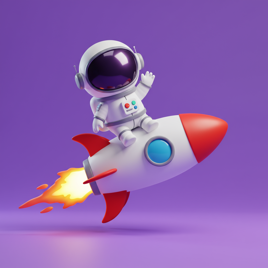 Cute 3D Cartoon Astronaut Riding A Rocket And Waving