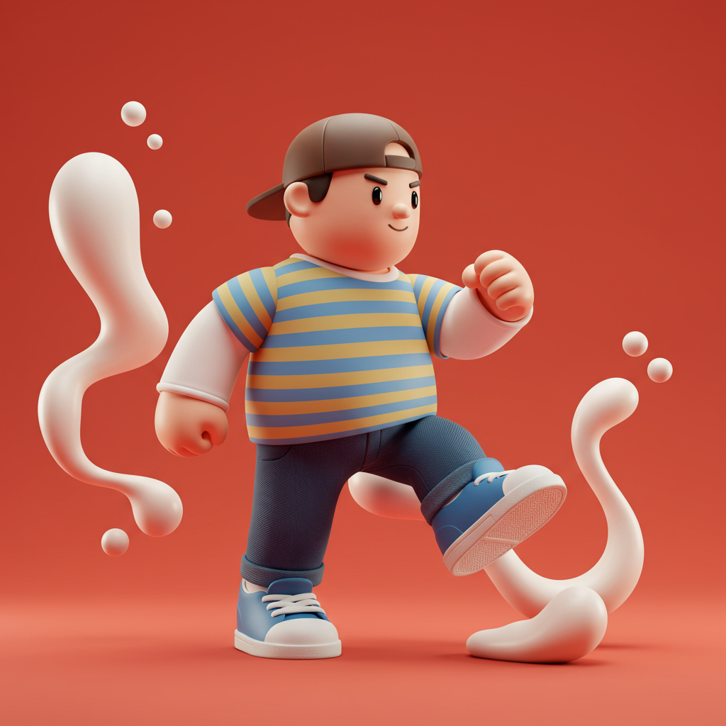 Cute 3D Cartoon Boy Character Walking With Playful Liquid Shapes