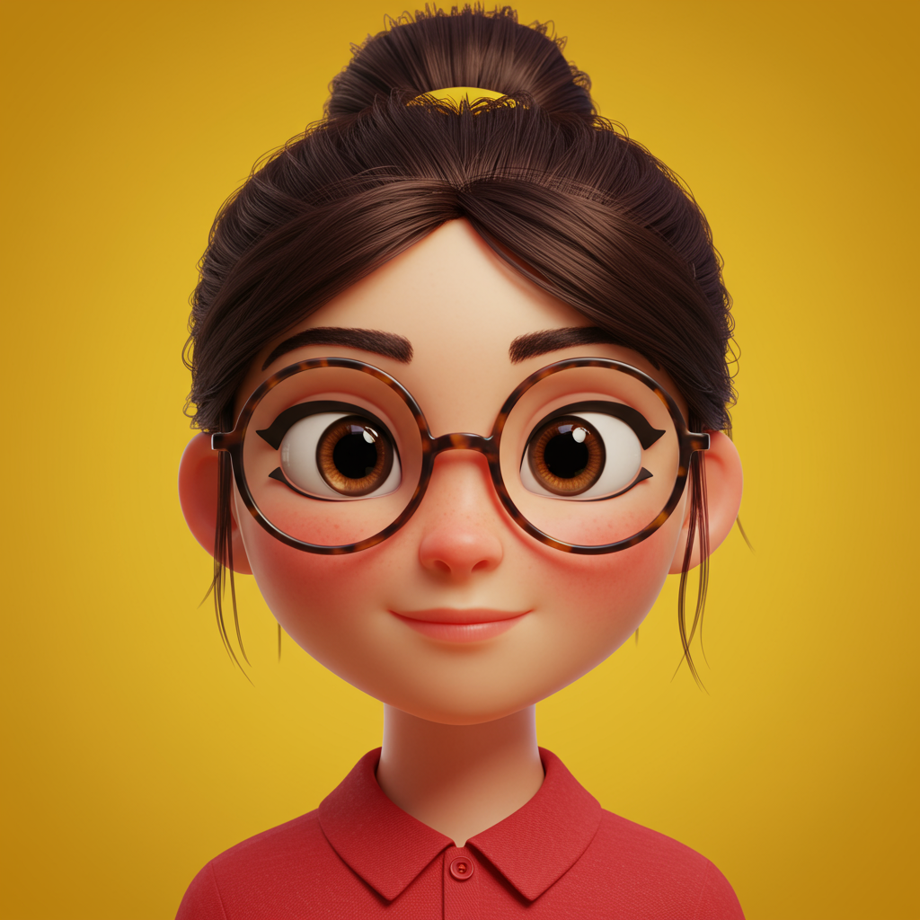 Cute 3D Cartoon Character Girl With Glasses Friendly Smile Portrait