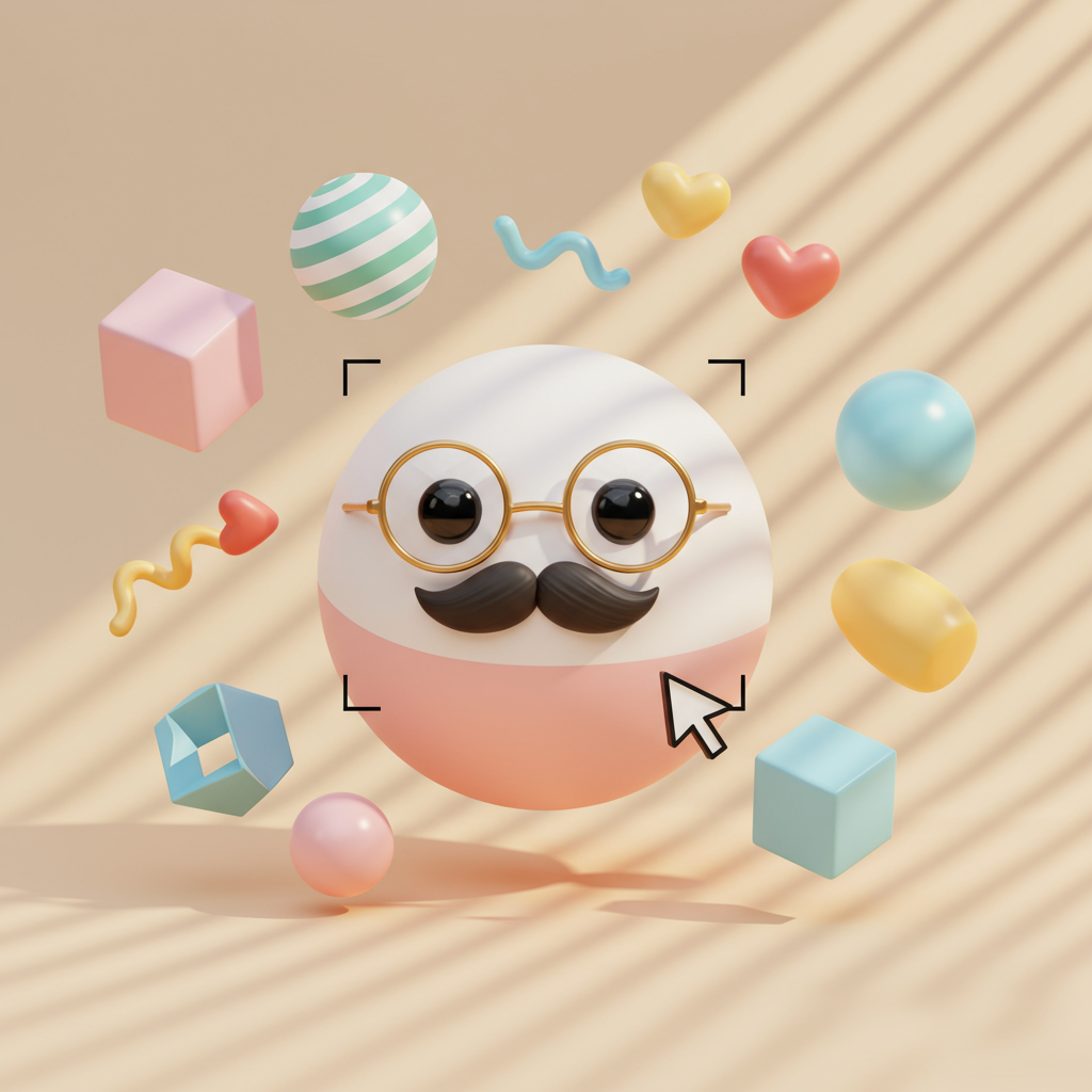 Cute 3D Cartoon Character With Mustache Glasses And Geometric Shapes