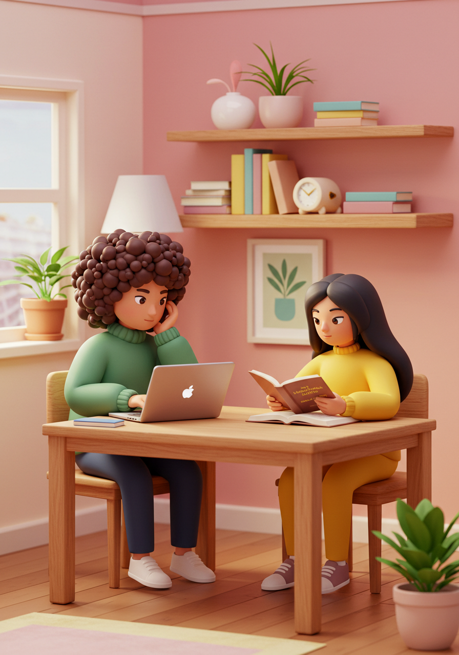 Cute 3D Cartoon Characters Studying And Working Together At Home