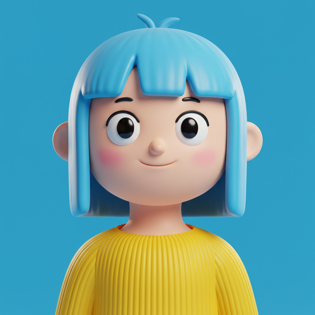 Cute 3D Cartoon Girl with Blue Bob Hair