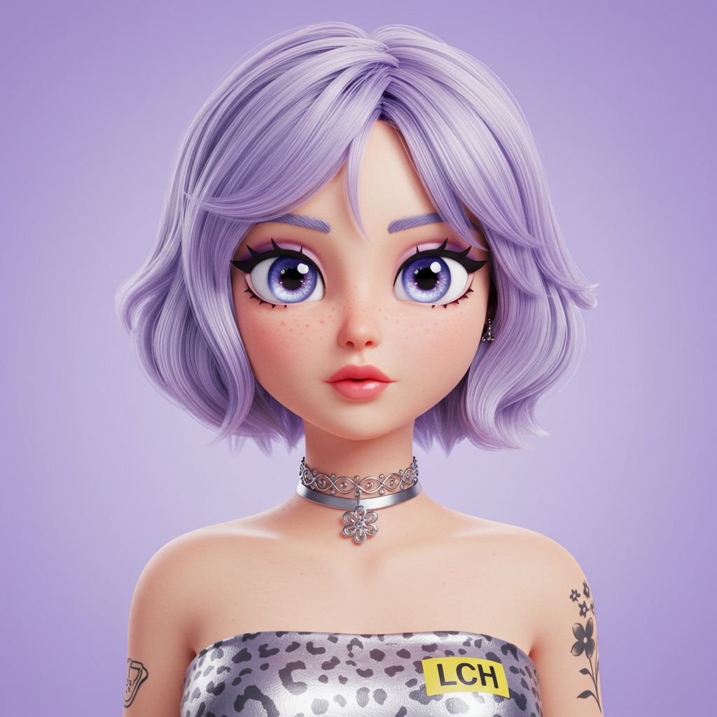Cute 3D Cartoon Girl With Purple Hair And Fashionable Style