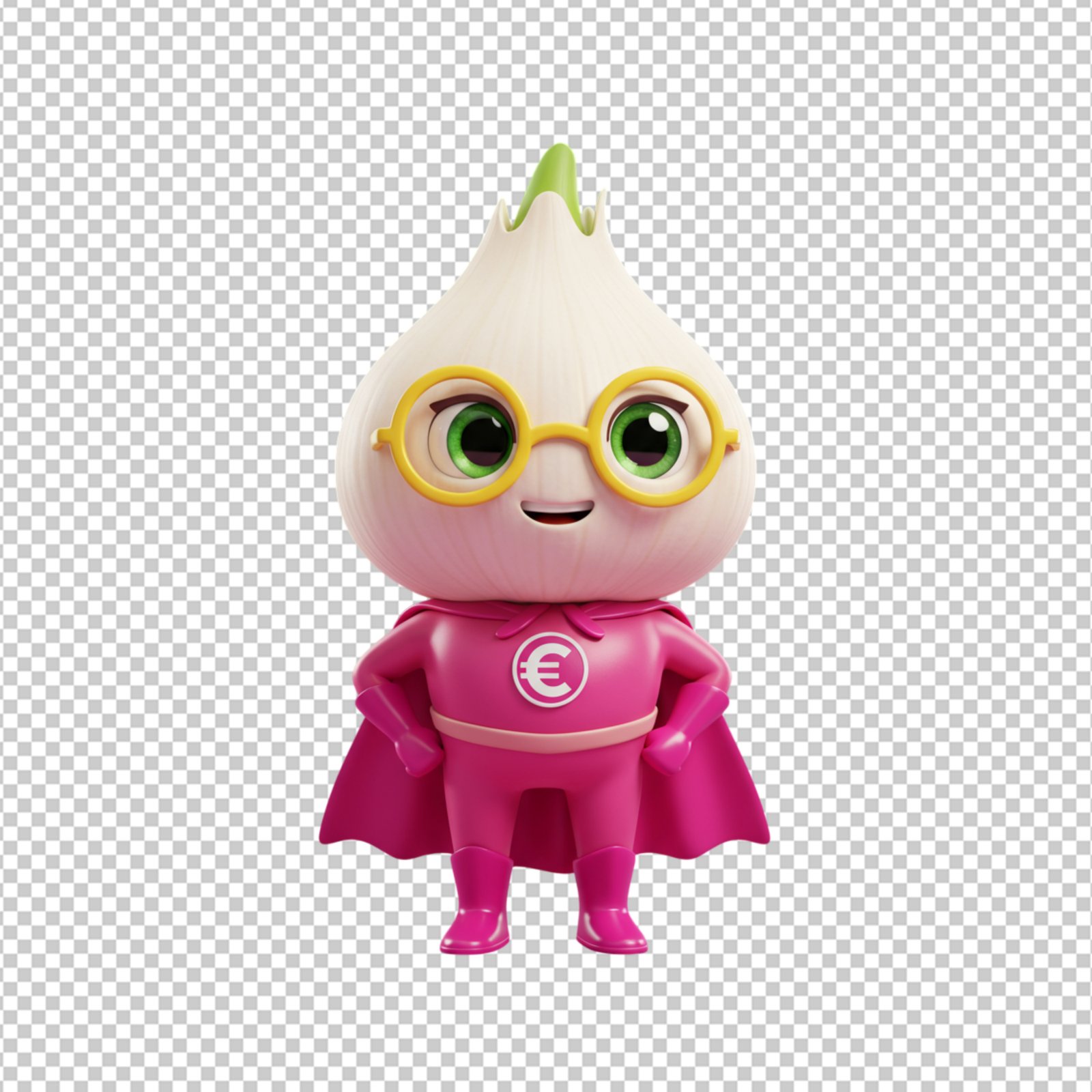 Cute 3D Cartoon Superhero Onion With Euro Symbol And Transparent Background