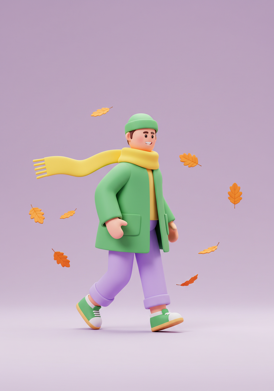 Cute 3D Character Walking With Autumn Leaves In Fall Season