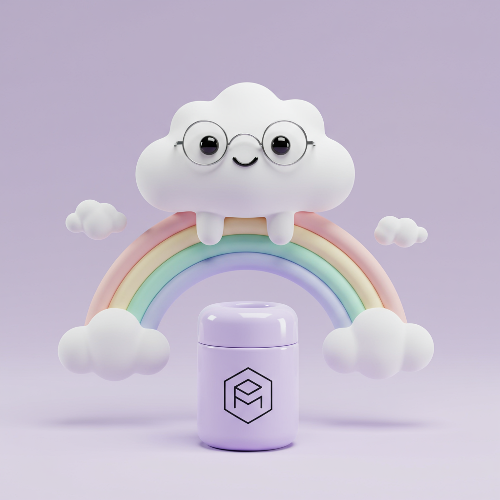 Cute 3D Cloud Character Rainbow And Product Jar Illustration