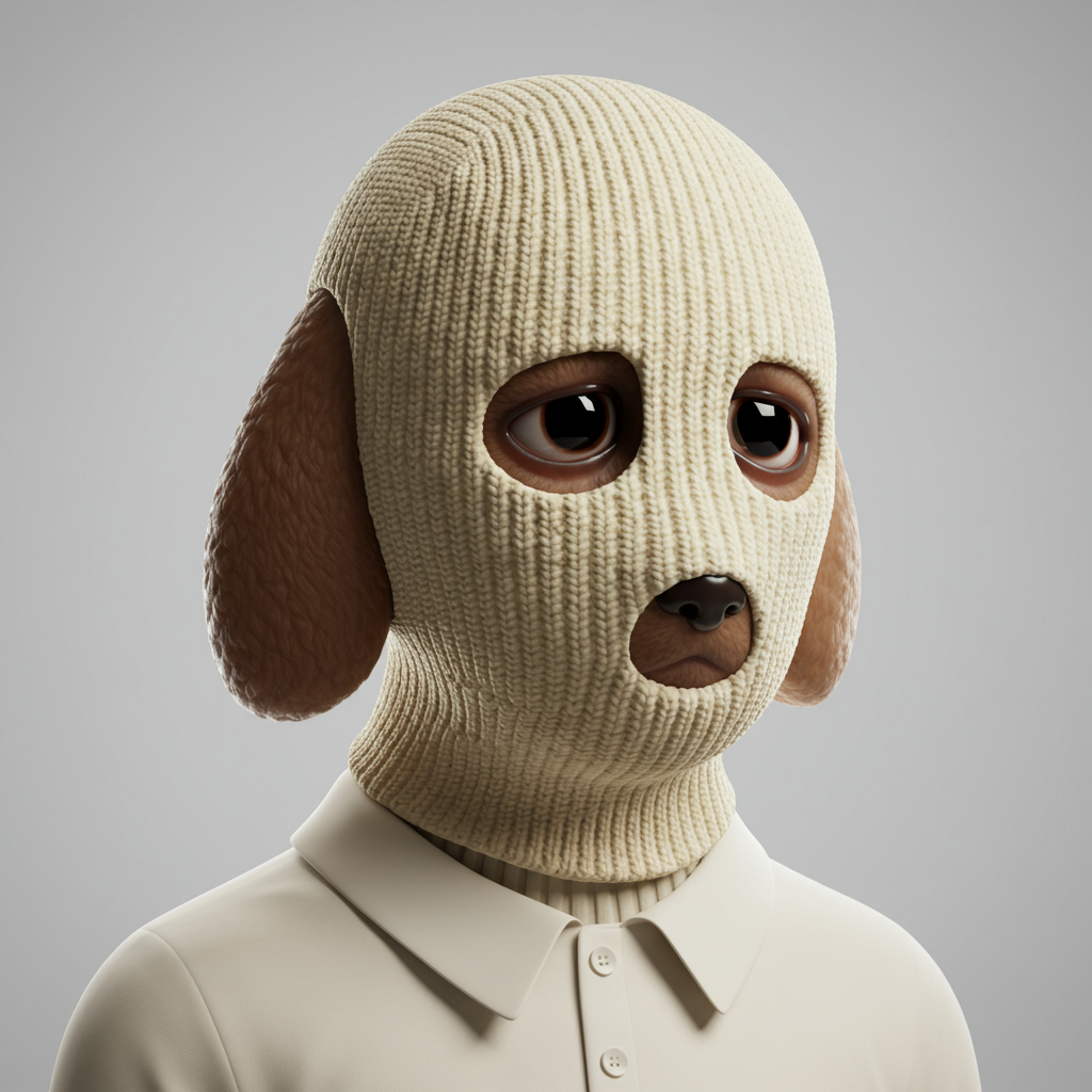 Cute 3D Dog Character Wearing Knitted Balaclava With Expressive Eyes