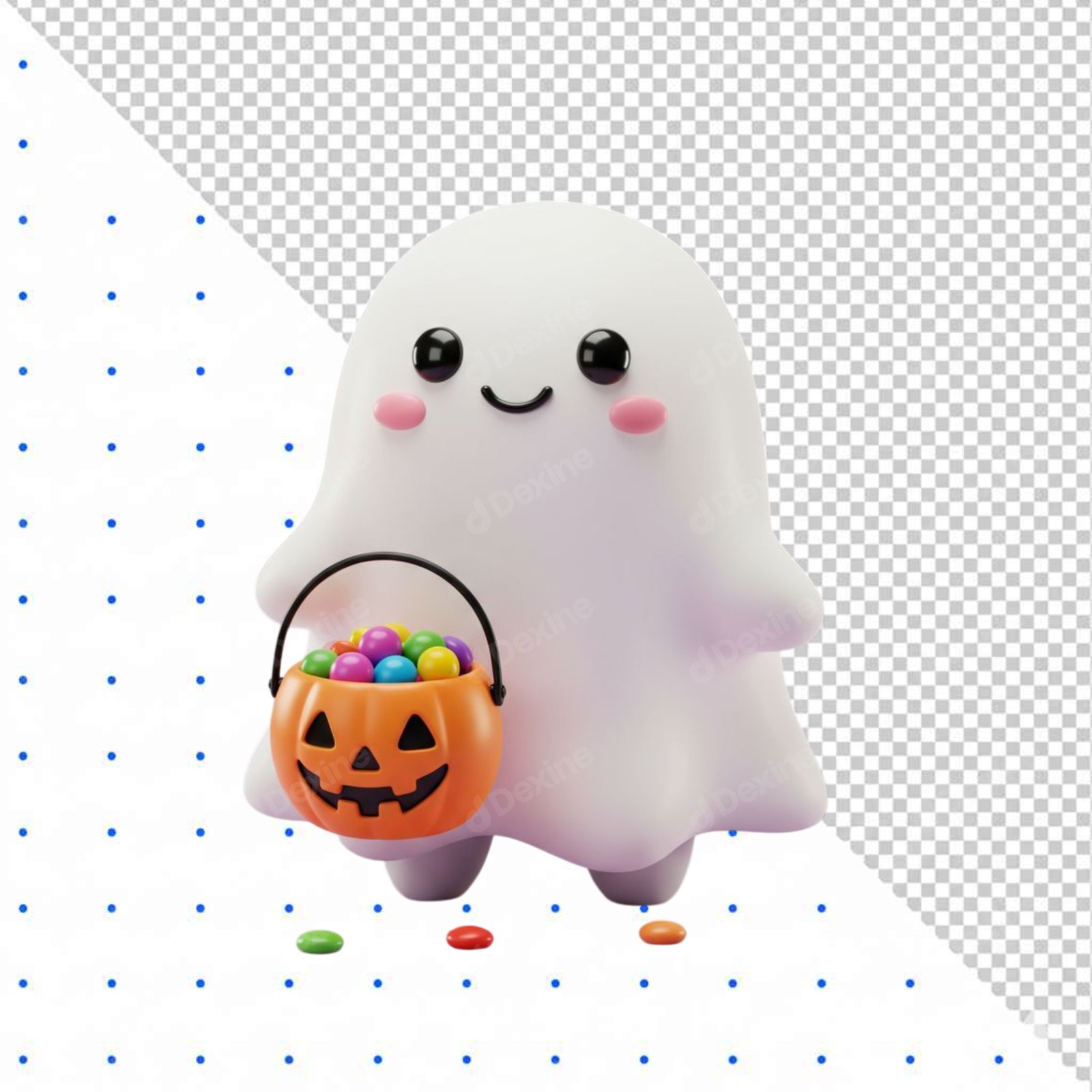 Cute 3D Ghost Character Holding Candy Bucket PNG Transparent Background